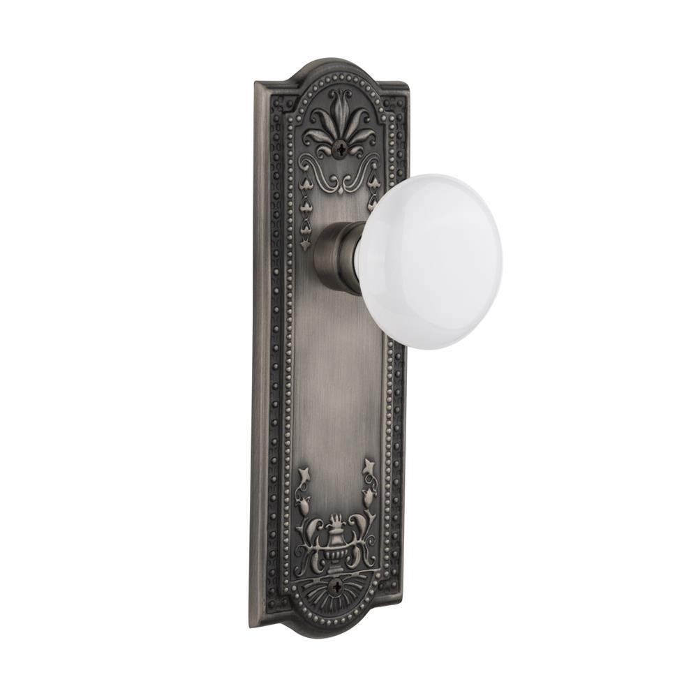 Nostalgic Warehouse MEAWHI Privacy Knob Meadows Plate with White Porcelain Knob in Antique Pewter